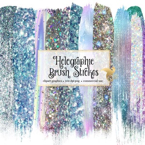 Holographic Glitter Brush Stroke Clipart, Digital PNG (Instant Download)