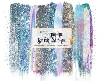 Holo Brush Strokes Clipart, with silver holographic glitter and foil in digital PNG format instant download for commercial use