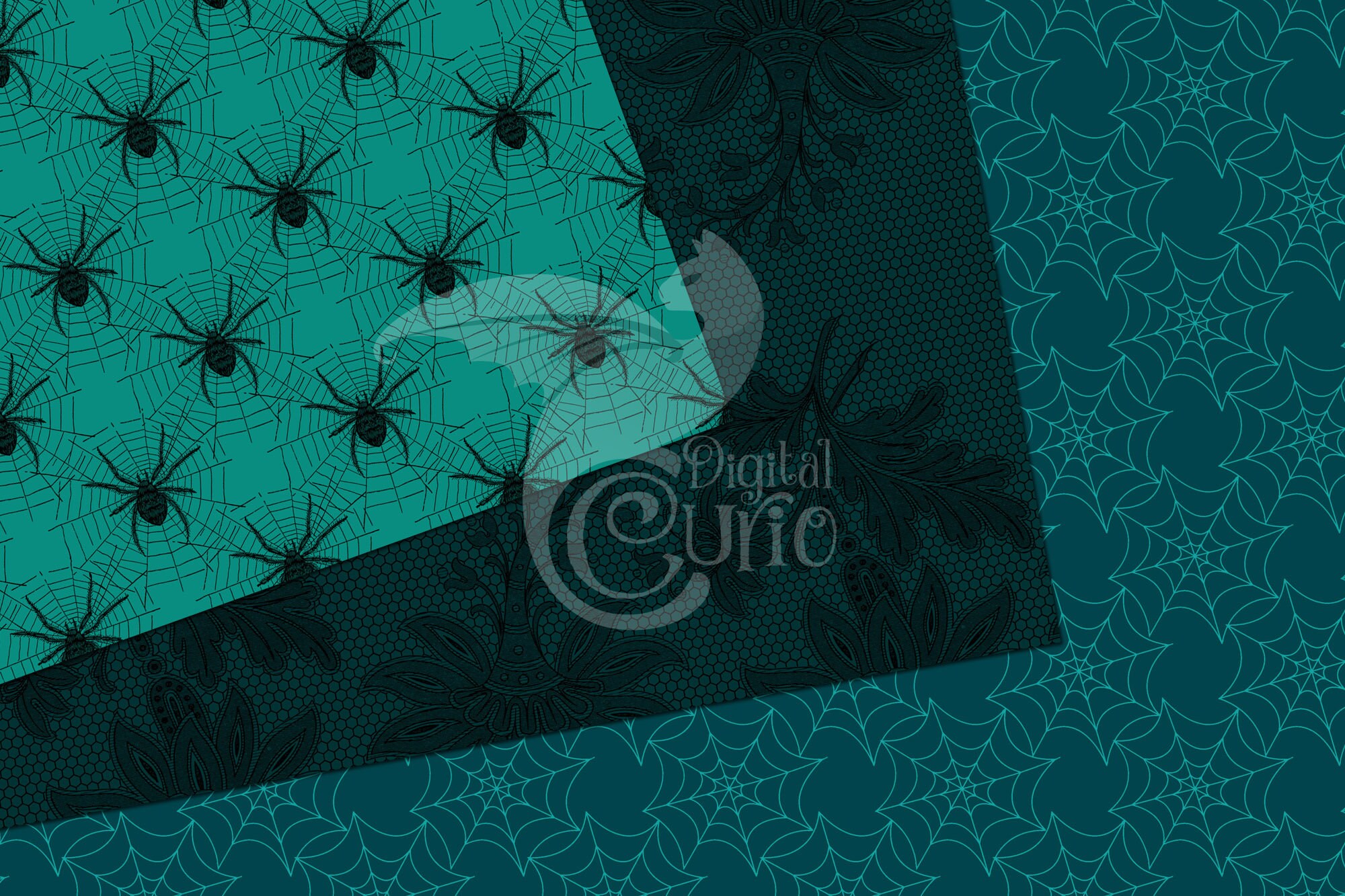 Teal Gothic Digital Paper, Seamless Skull Damask Halloween Patterns ...