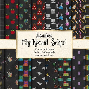 May include: 20 digital seamless patterns featuring chalkboard style school-themed illustrations.  The patterns include images of apples, school buses, books, pencils, globes, and more.  The patterns are 3600 x 3600 pixels and are for commercial use.