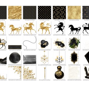 Black and Gold Unicorn Clipart, Digital Scrapbooking Kit (digital ...