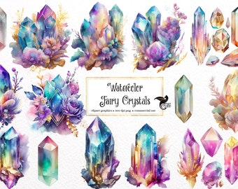 May include: Watercolor clipart graphics of fairy crystals with gold accents and floral details. The crystals are in various shapes and sizes, with a rainbow of colors, including blue, purple, pink, and yellow.