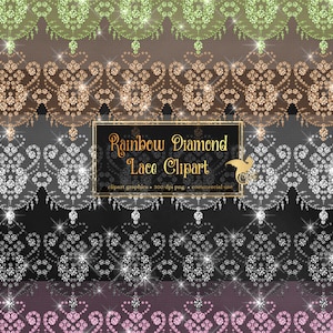 Rainbow Diamond Lace Clipart, White Diamond wedding lace clip art, pink bling sparkle glam rhinestone lace borders, digital png overlays