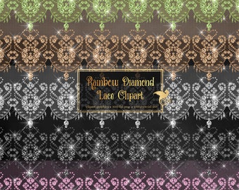 May include: Five rows of sparkling diamond lace trim clipart in green, brown, white, black, and pink. The text "Rainbow Diamond Lace Clipart" is in a gold frame.