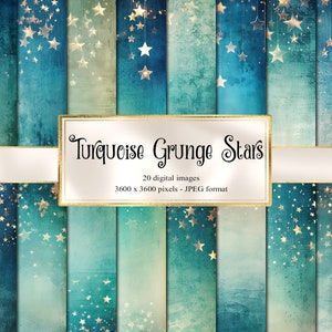 Papel digital de estrelas grunge turquesa, papéis digitais de noite estrelada dourada, pacote de textura de fantasia mágica de estrela de papel de scrapbook imprimível