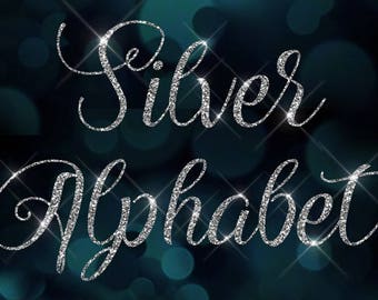 CLIP ART - Non un carattere - Ornato Silver Glitter alfabeto, lettere d'argento, clip art glitter argento, lettere scintillanti bling diamante script