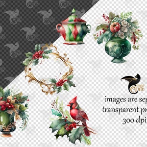 May include: A set of five watercolor illustrations featuring a cardinal, a gold frame with holly, a green vase with red berries, a green vase with flowers, and a green and red patterned sugar bowl.