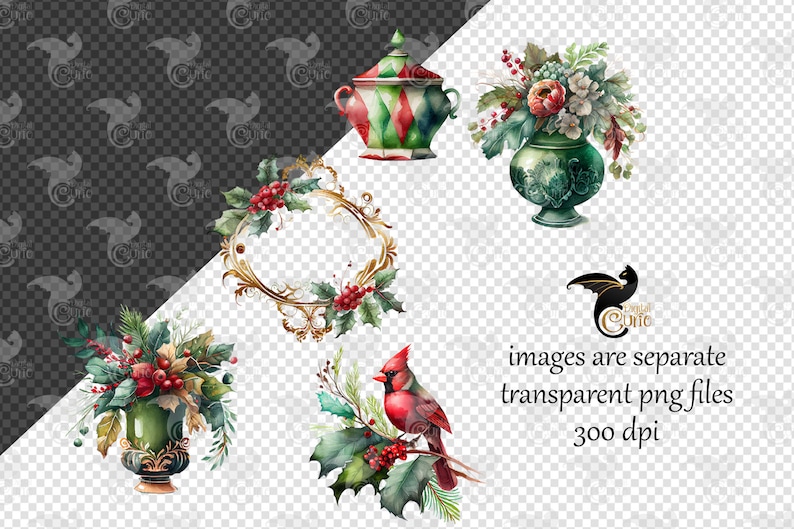 May include: A set of five watercolor illustrations featuring a cardinal, a gold frame with holly, a green vase with red berries, a green vase with flowers, and a green and red patterned sugar bowl.