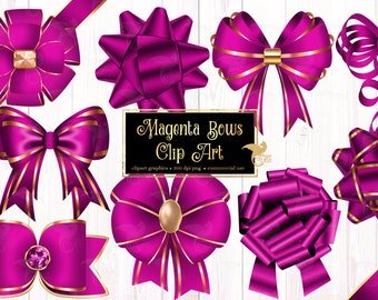 May include: A set of 10 magenta bows with gold trim. The bows are in various shapes and sizes, and some have a center piece. The text "Magenta Bows Clip Art" is in the center of the image.