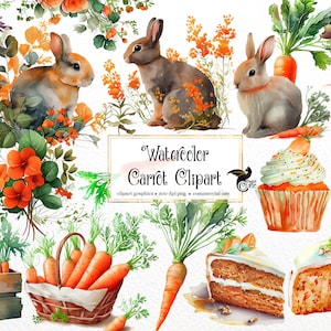 Watercolor Carrot Clipart - digital png carrots, rabbits and cake graphics for instant download commercial use