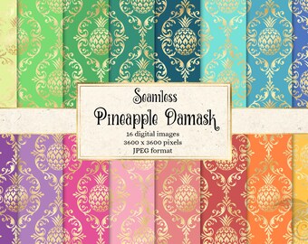 Pineapple Damask Digital Paper - seamless background patterns instant download for commercial use