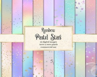 Rainbow Pastel Stars Digital Paper, backgrounds in soft ombre gradients instant download for commercial use