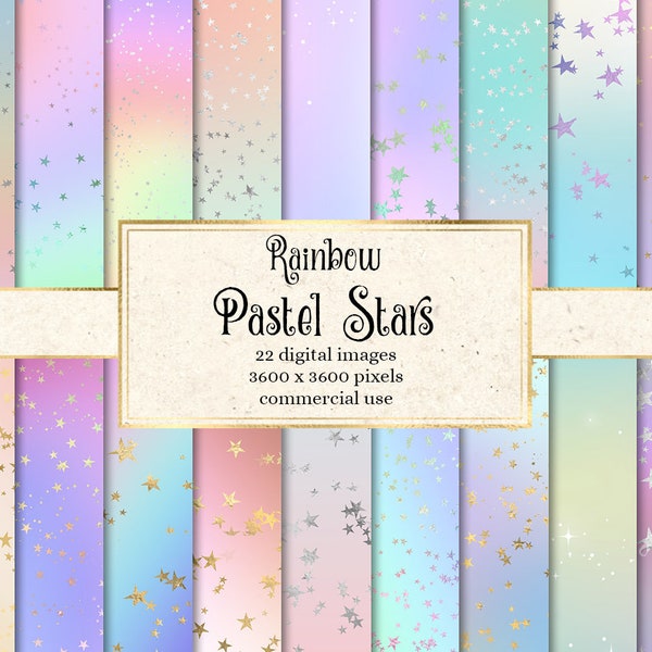 Rainbow Pastel Stars Digital Paper, backgrounds in soft ombre gradients instant download for commercial use