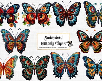 Embroidered Butterfly Clipart – Springtime Floral PNG (Digital Download)