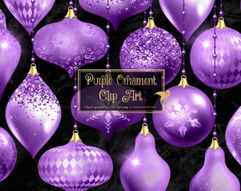 Purple Christmas Ornaments Clipart, digital glitter Christmas ball ornament clip art in png format for commercial use