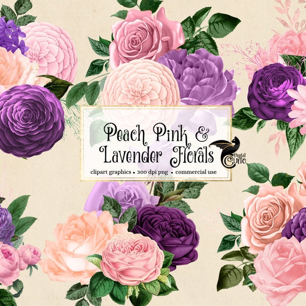 Peach Pink and Lavender Floral Clip Art for instant download commercial use blush and purple vintage flower bouquets clipart