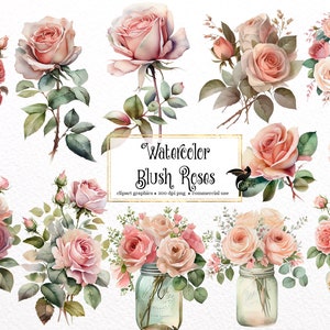 Aquarell Blush rosa Rosen Clipart - Blumen PNG Grafiken (digitaler Download)