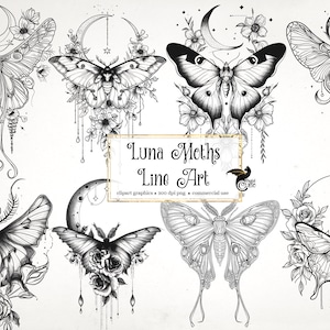 Luna Moths Line Art Clipart - Clip-Art Grafiken und Collage Sheets für veränderte Kunst oder Junk Journals sofortiger Download kommerzielle Nutzung