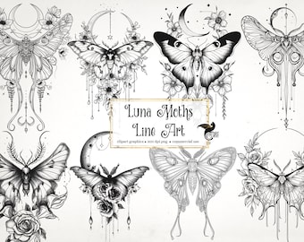 Luna Moths Line Art Clipart - clip art graphics and collage sheets for altered art or junk journals instant download commercial use