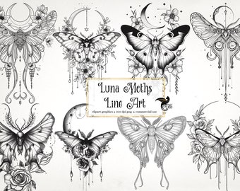 Luna Moths Line Art Clipart - clip art graphics and collage sheets for altered art or junk journals instant download commercial use