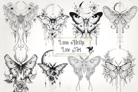 Luna Moth Line Art Clipart – Junk Journal Graphics (Digital Download)