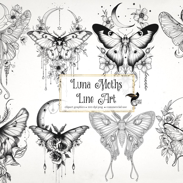 Luna Moth Line Art Clipart – Junk Journal Graphics (Digital Download)