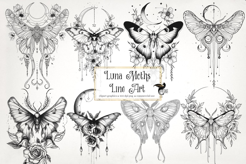 May include: A set of nine black and white line art illustrations of moths with floral and moon elements. The illustrations are labeled "Luna Moths Line Art".