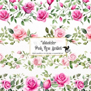 May include: Watercolor pink rose borders clipart graphics. 300 dpi png. Commercial use.