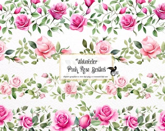 Watercolor Pink Rose Borders Clipart - seamless roses and leaves in PNG format instant download for commercial use