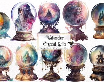 Watercolor Crystal Balls Clipart - fantasy magic celestial watercolor PNG format instant download for commercial use