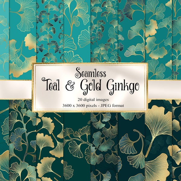 Teal and Gold Ginkgo Digital Paper, motifs de feuilles sans soudure avec téléchargement instantané de feuille d'or pour un usage commercial