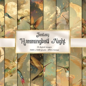 Fantasy Hummingbird Digital Paper, Celestial Scrapbook Pages (Digital Download)