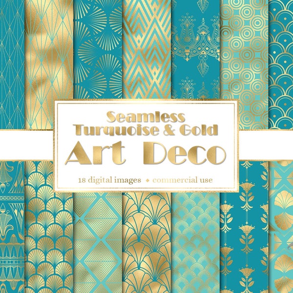 Turquoise and Gold Art Deco Digital Paper, seamless deco patterns with geometric designs instant download for commercial use