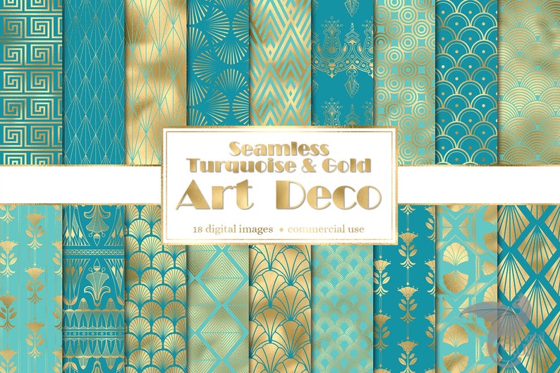 Turquoise and Gold Art Deco Digital Paper, Seamless Geometric Patterns ...
