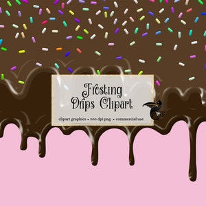 Frosting Drips Clipart - digital clip art overlays with chocolate and pink strawberry sprinkles instant download for commercial use