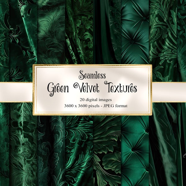 Green Velvet Digital Paper, seamless velvet damask patterns, theater curtains and drapes, vintage velvet textures for commercial use