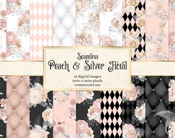 Pfirsich Floral Digital Papier, Silber Glitter, Blush Rose, nahtlose Hintergründe (Digitaler Download)