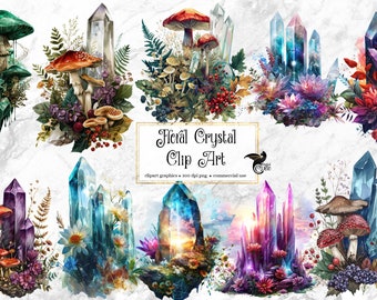 May include: Digital clip art set featuring watercolor illustrations of crystals, mushrooms, and flowers. The crystals are in various colors, including blue, purple, and pink. The mushrooms are red and white with brown stems. The flowers are in shades of blue, purple, and pink.