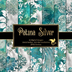 Patina Silver Digital Paper, foil and teal patina texture backgrounds antique damask printable scrapbook paper for commercial use