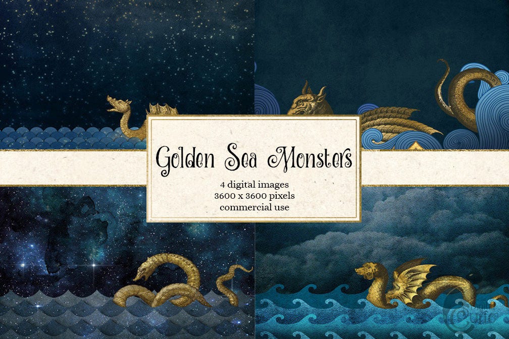 Download Golden Sea Monster Digital Paper Gold Nautical Backgrounds Etsy