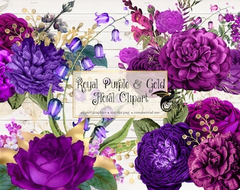 Royal Purple and Gold Floral Clipart shabby wedding rustic purple and gold foil flowers vintage antique clip art embellishments