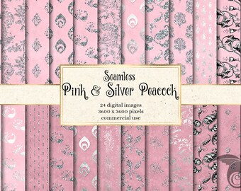 Pink and Silver Peacock Digital Paper, Seamless Patterns (Digital Download)