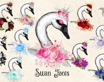 Swan Faces Clipart, swan clipart, beautiful swan eyes clip art, floral swans, pastel colors, pretty eyelashes, glitter swan watercolors