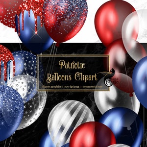 Rote weiße und blaue Glitzerballons Clipart, patriotische Glitzer-Party-Clipart im PNG-Format sofortiger Download für kommerzielle Nutzung