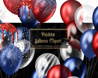 Clipart ballons scintillants patriotique, rouge, blanc et bleu (PNG, téléchargement numérique)