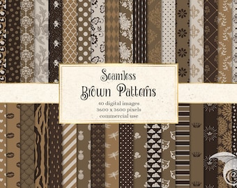 May include: A collection of 40 seamless brown patterns, each with a different design. The patterns include geometric shapes, floral motifs, and abstract designs. The patterns are perfect for use in digital scrapbooking, card making, and other craft projects.