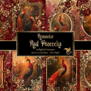 Papier pour journal romantique paons rouges, cahier numérique papier journal indésirable fantaisie rococo pages imprimable 8,5 x 11 papier téléchargement immédiat