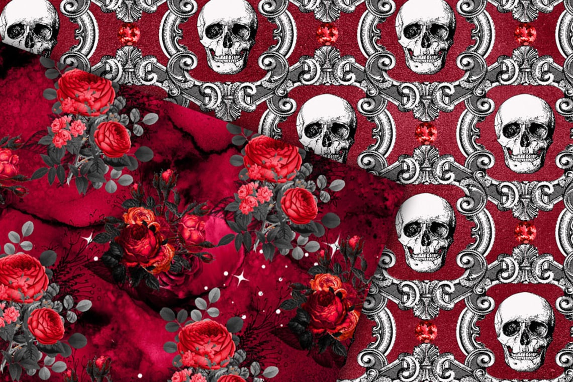 Red Gothic Digital Paper, Seamless Skull Damask, Halloween Scrapbook ...