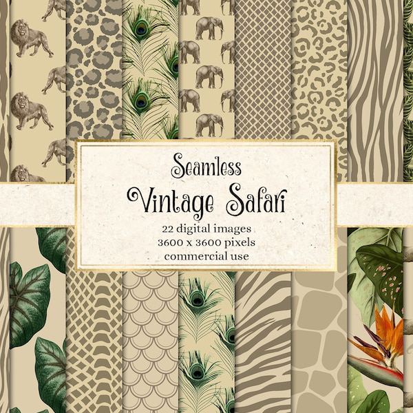 Vintage Safari Digital Paper, seamless textures and African animal print patterns, old paper, vintage safari backgrounds, scrapbook paper