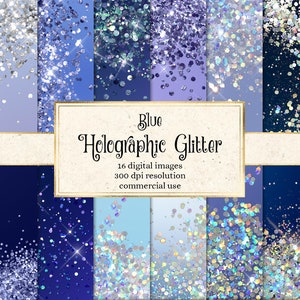 Carta digitale glitter olografica blu, carta scrapbook stampabile con texture iridescenti holo download istantaneo per uso commerciale